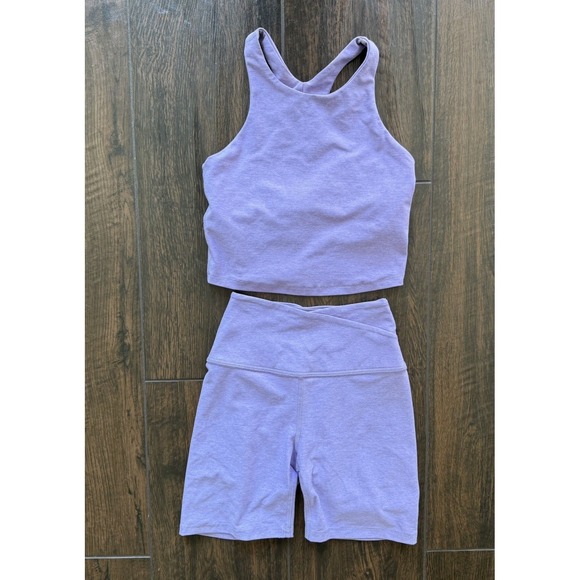 Beyond Yoga Pants - Beyond Yoga Spacedye Racerback Crop Top Small & Leisure Bike Shorts XS Lavender